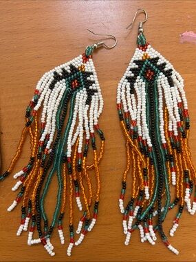 Beaded Fringe Earrings - White, Green, Black & Gold